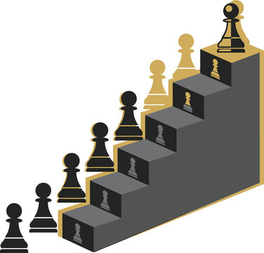 Offset color vector illustration white background chess pawn line ascending staircase gold duplication progress growth strategy concept symbolic evolution design