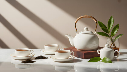 Fototapeta premium Sophisticated World Tea Day Setting with Multiple Tea Cups and Fresh Tea Leaves