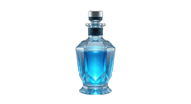 Elegant glowing blue magic potion glass bottle