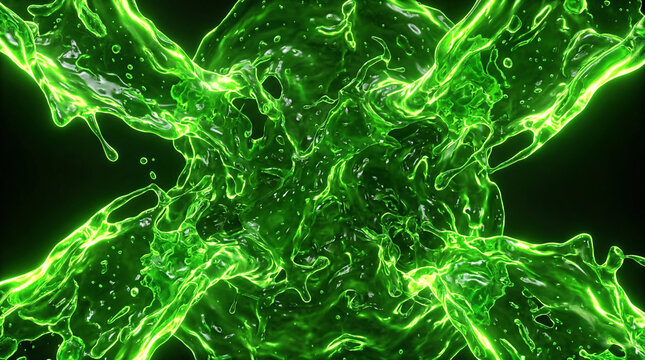 Abstract Green Liquid Splash Glowing on Black Background Dynamic Flow