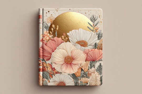 Elegant floral notebook cover with golden sun and pastel blooms