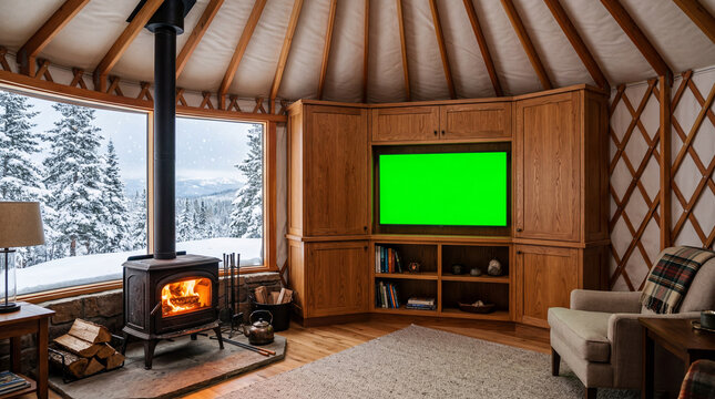Cozy Yurt Interior with Fireplace and Green Screen TV in Winter