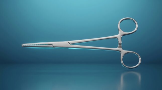 Straight hemostatic forceps 3D render, surgical vascular clamp instrument visualization, micro serrated jaw hemostasis tool design, sterile stainless steel surgical forceps model, clinical surgery