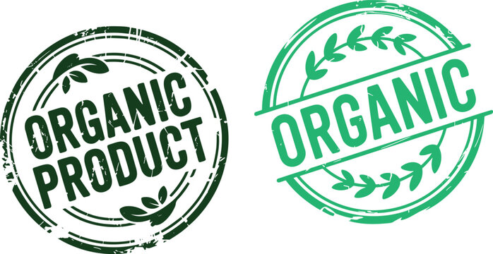 Green grunge style vector stamps indicating organic product certification and natural origin