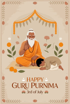 Illustration of a Guru Purnima poster in commemoration of the religious festival intended to honor the gurus practiced by Hindus, Sikhs, and Buddhists.