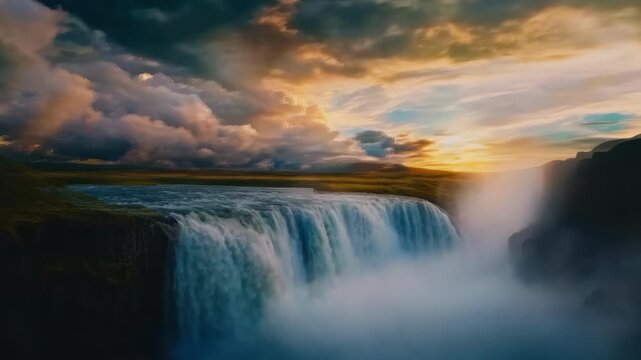 Endless loop video of a majestic waterfall at sunset, surrounded by mist and dramatic clouds &mdash; ideal for nature backgrounds, relaxation, or travel visuals