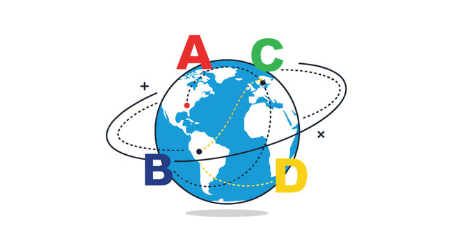 Conceptual illustration of global connectivity showing a world globe with multiple locations labeled from A to D and interconnected paths.