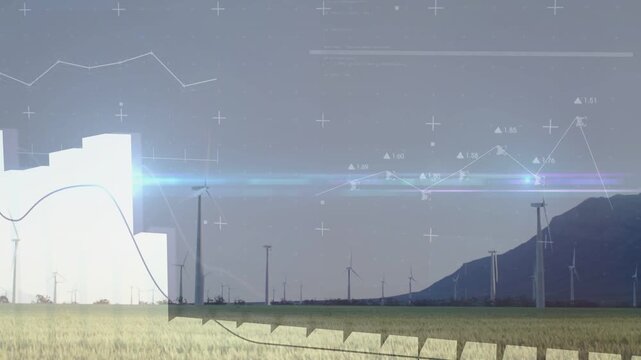 Blue flare brightening, skyline blocks rising, curved graph undulating, showing green energy trends