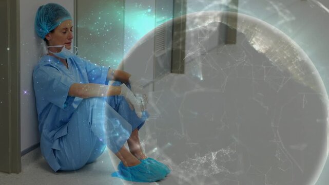 Medical worker sitting, adjusting gloves while checking wrist, tired as globe animating from right