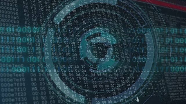 Zooming HUD unfolding in teal, rings rotating, hex code filling core, red stripe scanning tech