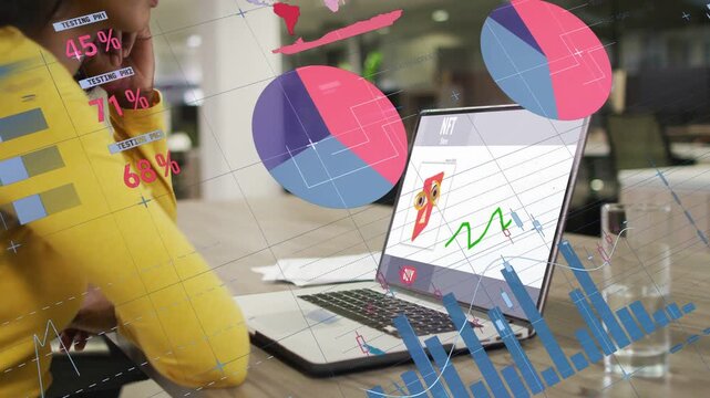 Data overlays rising, woman in yellow leaning to laptop, tracking NFT chart on phone, copy space
