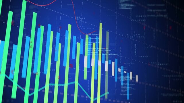 Multicolor bar chart updating as camera panning right, revealing markers and red trend for finance