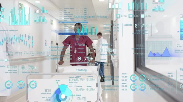 Male porter pushing stretcher down hospital hall after transfer call, HUD overlays showing vitals