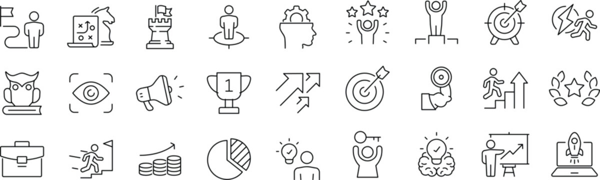 Personal growth and success set of web icons. Editable Stroke. Growth andsuccess icons for web and mobile app. Growth profit, career progress, business people, strategy, coaching, tutorship, success