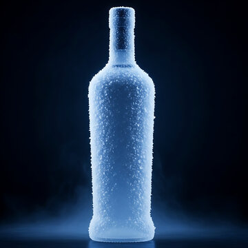 Frosted glass bottle of vodka covered in ice crystals and mist with dark background and blue lighting.