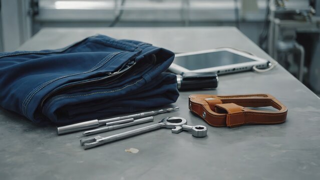 Folded workwear with tools on bench