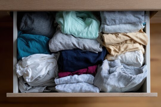 Messy dresser drawer overflowing with casual clothes, real-life clutter, home organization struggle, everyday lifestyle chaos