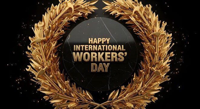 Happy workers day golden wheat wreath celebrating international labor and may day