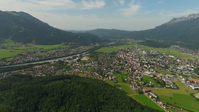 Scenic aerial of Reutte city landscape with Ehrenberg Castle and Highline 179 bridge in Austrian Alps beautiful nature and travel