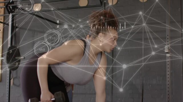 Woman gripping dumbbell and rowing for fitness while HUD overlaying metrics as partner entering