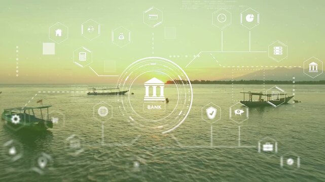 Translucent HUD with bank icon appearing, growing and emitting hex icons, visualizing bank network