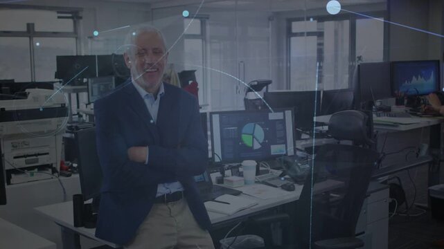 Manager leaning at desk, monitor showing pie chart initiating animated HUD, smiling for data teams