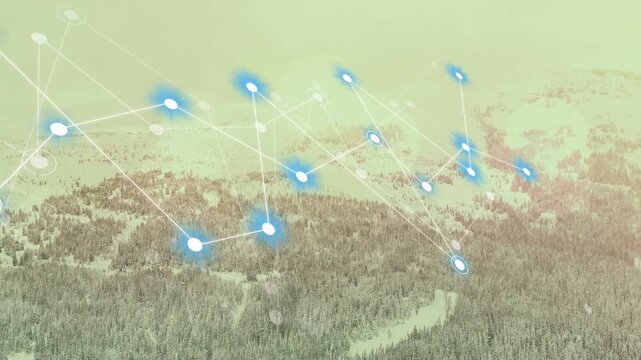 Data feed arriving, network overlay growing and mapping blue nodes and white lines over snowy slope