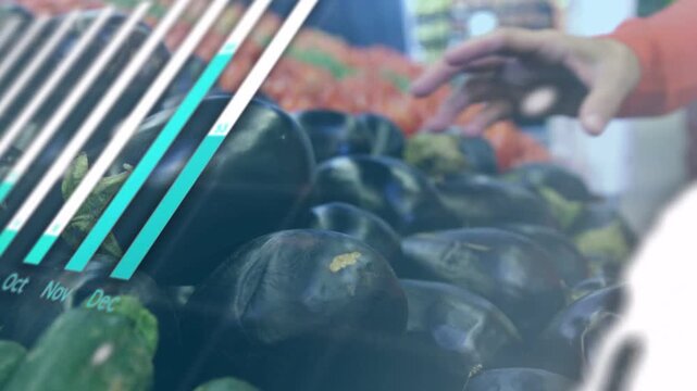Vertical video: Entering buyer in orange longsleeve choosing eggplant at market with bar pie charts