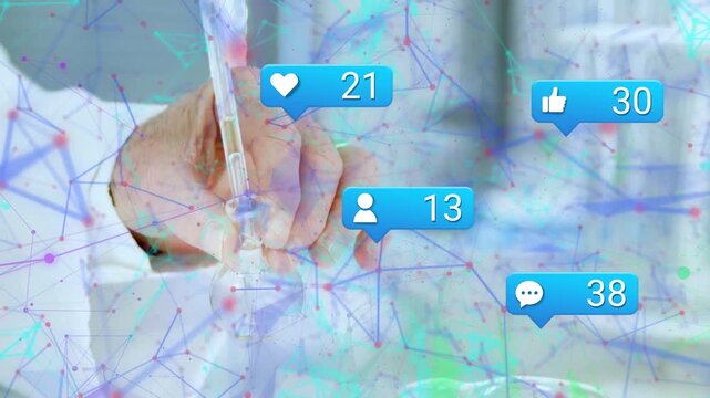 Senior scientist dispensing liquid with pipette in lab, initiating network and rising notifications