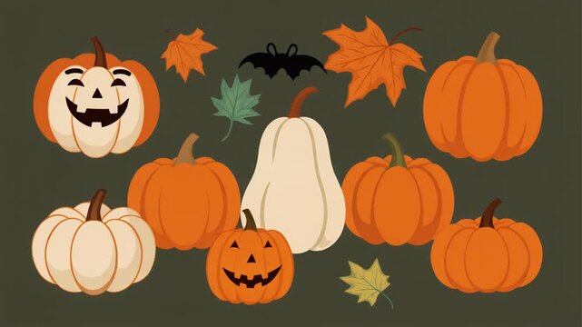 Halloween pumpkins and leaves on dark green autumnal festive decoration with smiling faces