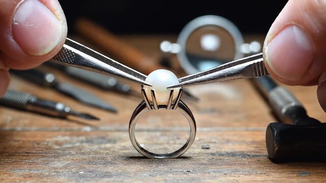 Jeweler Placing White Pearl on Silver Ring Setting on Workbench