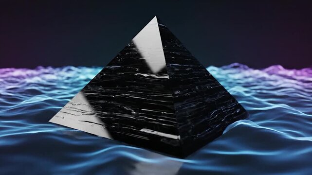 A geometric pyramid floats above a rippling water surface, creating a surreal and abstract visual representation of a concept