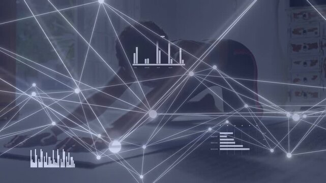 Woman crawling forward on rug, reaching for papers while network animating charts, tech