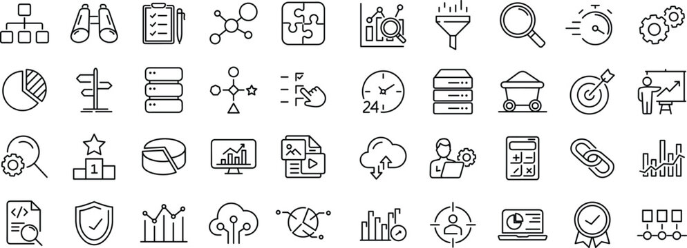 Data analysis set of web icons Editable stroke. Data analytics icons for web and mobile app. Graphs, traffic analysis, data processing, research network collection, statistics, analytics, performance