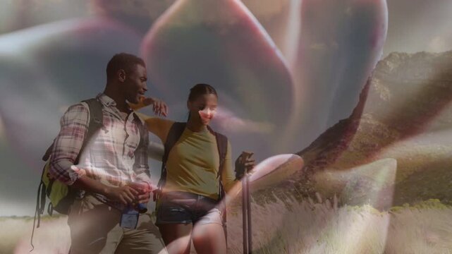 Two hikers checking device and gesturing, preparing to continue on travel trail petals overlaying