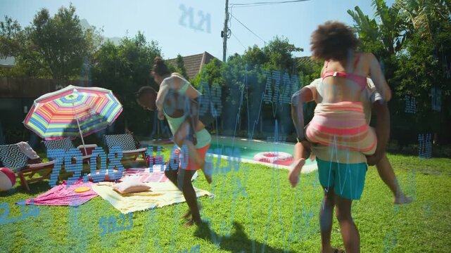 Friends calling piggyback to pool hopping dismounting gathering data charts tracking them for tech