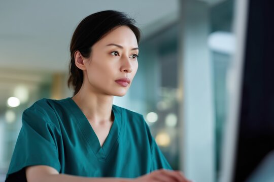 Focused young Asian nurse working on computer in hospital office, professional female healthcare worker in scrubs managing patient records and clinical data in modern clinic workplace