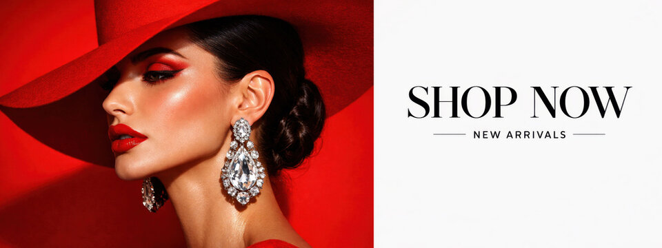 Glamorous woman in red hat and statement earrings, bold makeup and lips