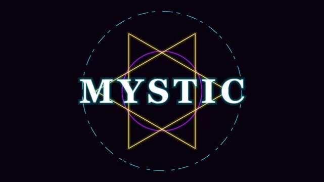 Mystic, geometric logo, neon sign, black background, spiritual symbol