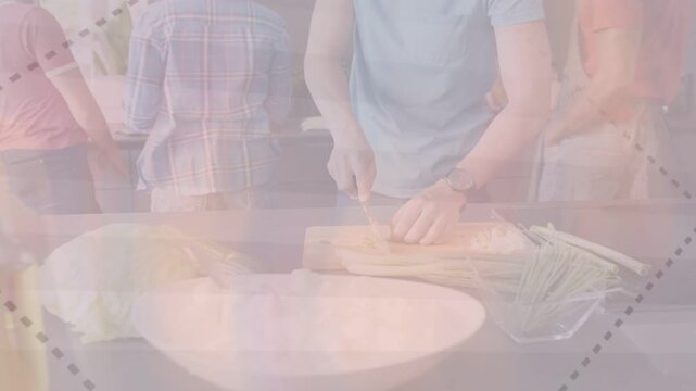 Man placing scallions then chopping on cutting board, animated labels counting slices for food prep