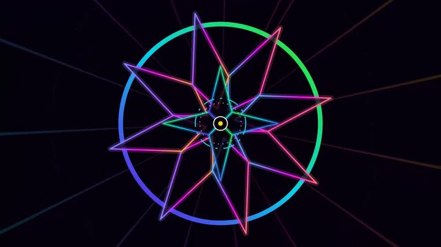 Neon geometric shapes, colorful starburst design, abstract background, motion graphics element