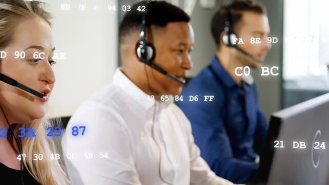 Cam panning left revealing woman, agents speaking into mic and typing hex overlay mapping support