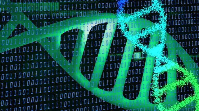 Particle stream starting top right forming right helix, joining left band and mapping binary code