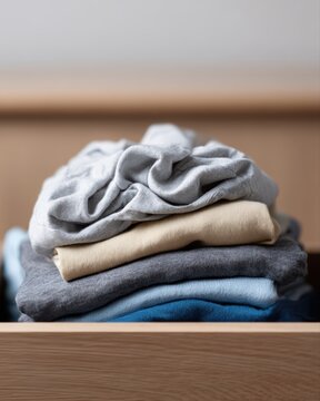 Overfilled wardrobe drawer with wrinkled clothes, messy lifestyle scene, home organization problem concept