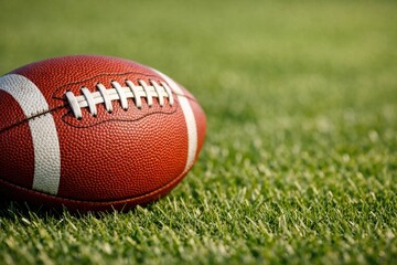 Fototapeta premium American football resting on a vibrant green grass field, ready for game day