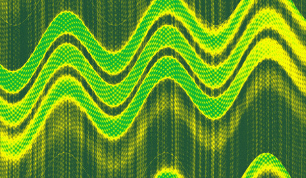 dynamic, flowing lime green sinusoidal waveform with a halftone texture and "glitch" effect.