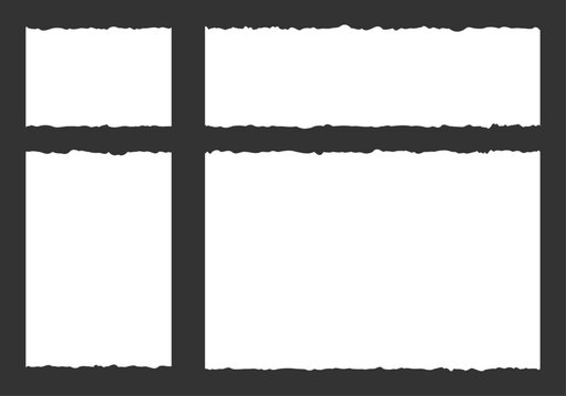 Cuatro trozos de papel blanco con bordes rasgados sobre fondo gris oscuro dispuestos en cuadr&iacute;cula