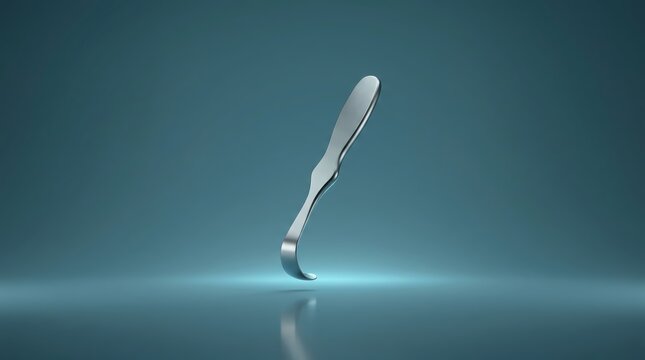 Handheld surgical retractor 3D render, medical tissue retraction tool visualization, curved blade surgical instrument design, sterile stainless steel retractor model, clinical surgery equipment