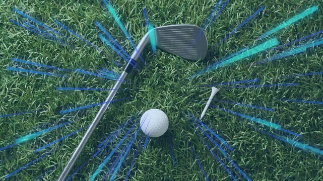 Club rotating, causing ball sliding lower-left while colored streaks radiating to emphasize motion