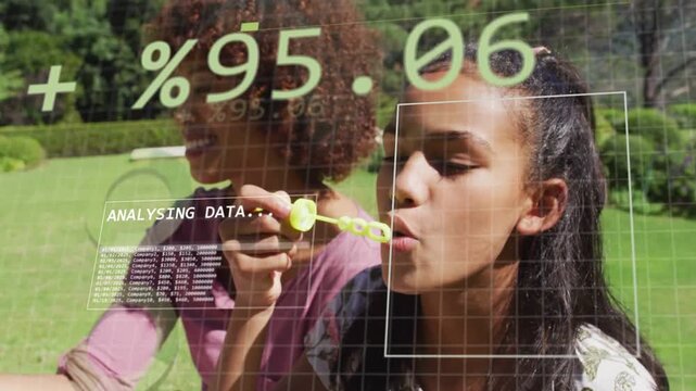 Girl blowing yellow bubble wand, woman smiling, HUD analysing percent and testing face tracking